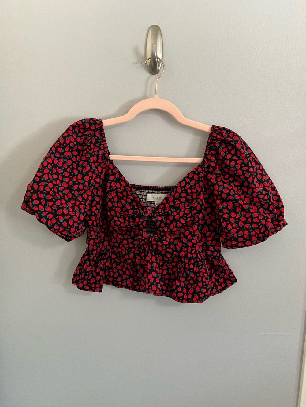 Smocked Peplum Crop Top with Puff Sleeves - Black with Red Strawberry Print